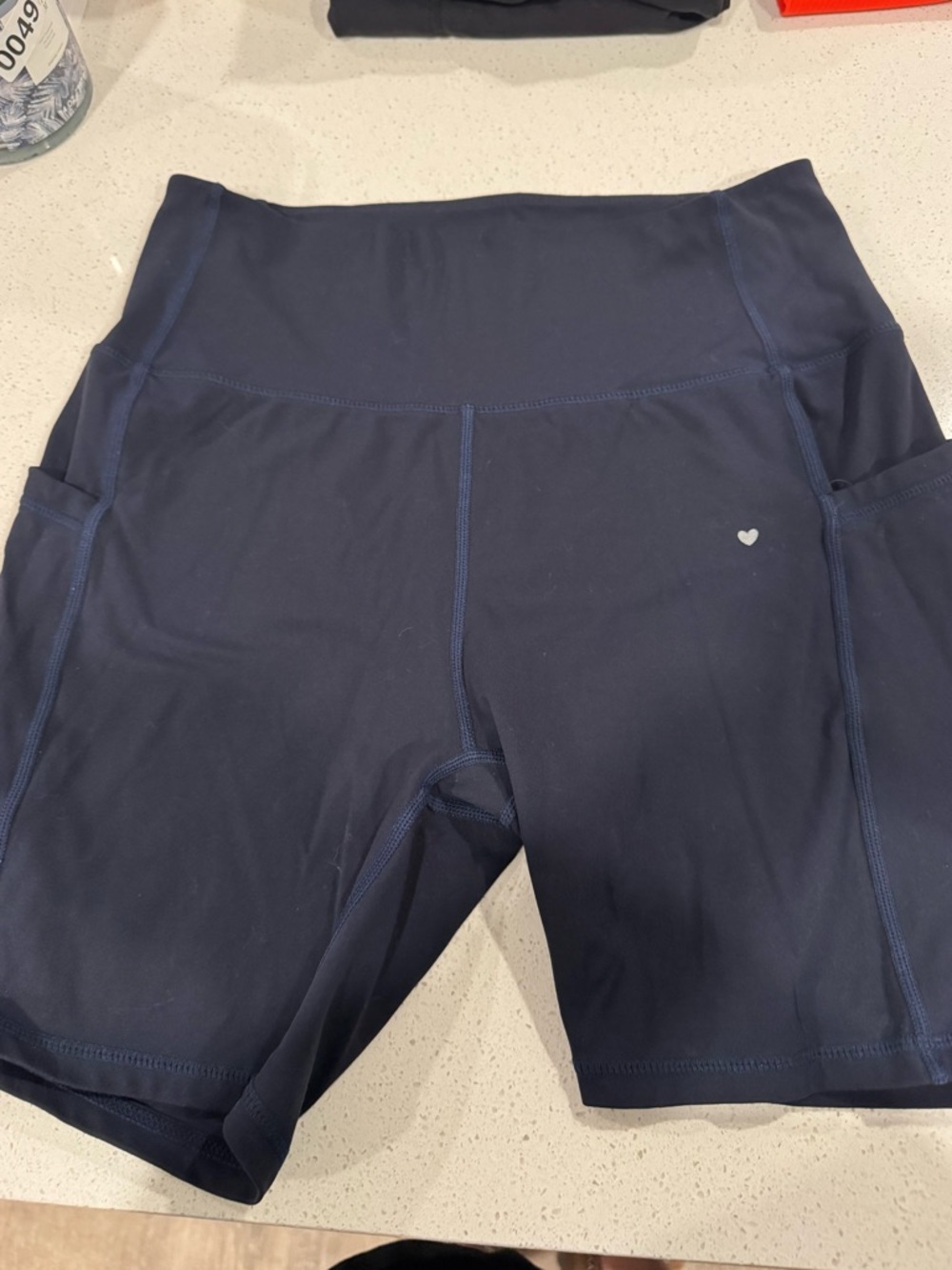 High-Rise Navy Bike Shorts with Heart Detail and Side Pockets